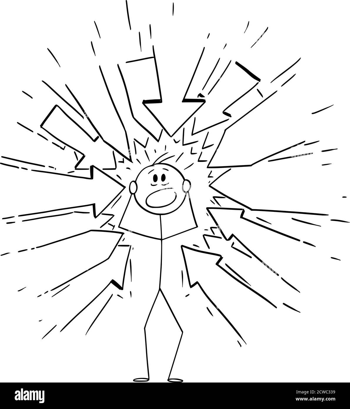 Vettore cartoon figura disegno disegno illustrazione concettuale di uomo stressato con molte frecce che lo puntano come qualche richiesta o incolpandolo. Illustrazione Vettoriale