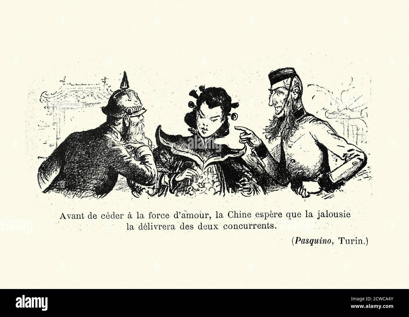 Illustrazione d'epoca cartoon politico vittoriano, uomini tedeschi e britannici che discutono sulla donna cinese. Avant de ceder a la force d'amour, la Chine espere que la jalousie la delivrera des deux Concurrents, prima di cedere alla forza d'amore, la Cina spera che la gelosia lo consegnerà dai due concorrenti. 19 ° secolo Foto Stock