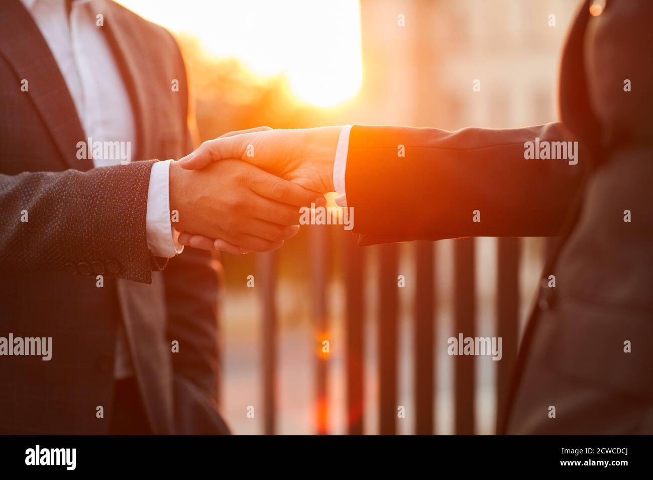 Primo piano di uomini d'affari in tute formali che scuotono le mani durante la riunione, alzarsi in piedi sul balcone Foto Stock