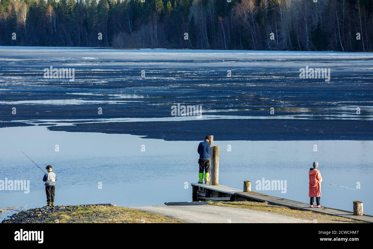 La pesca con le canne da spinning dalla spiaggia di un lago ghiacciato a Spring , Finlandia Foto Stock