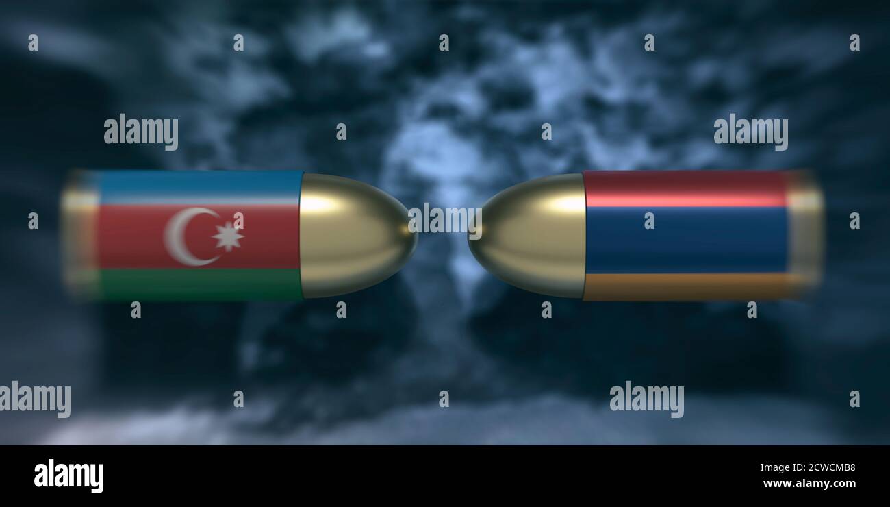 Armenia e Azerbaigian crisi, Nagorno Karabakh conflitto concetto. Armeno e Azerbaigian proiettili bandiera contro sfondo cielo scuro. illustrazione 3d Foto Stock