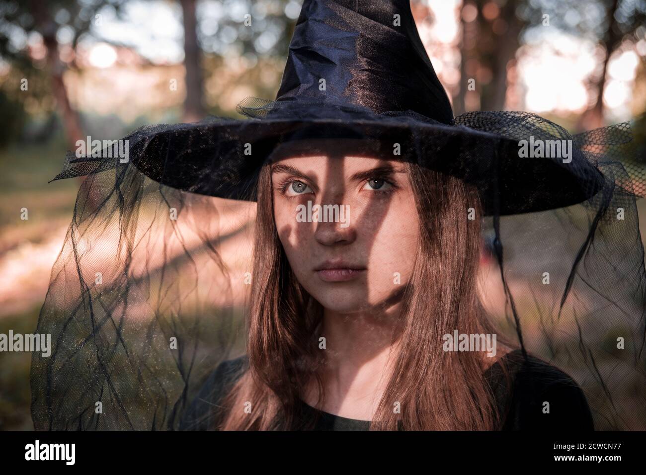 Bella donna giovane bella bella in abito scuro e cappello di strega in piedi nel mezzo dei boschi o parco autunnali. Costume da festa di Halloween. Primo piano portrai Foto Stock
