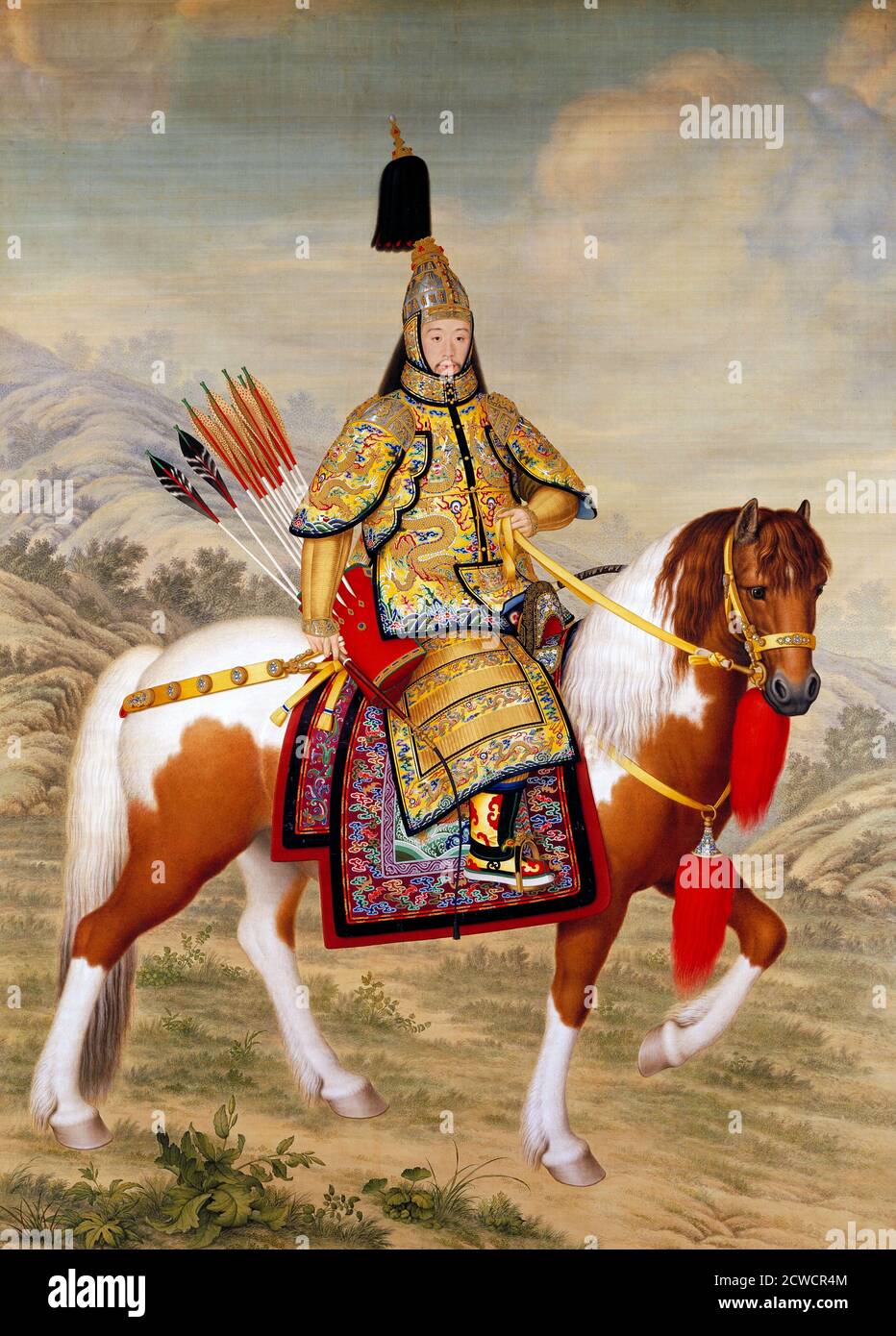 L'Imperatore Qianlong in armatura Ceremoniale a cavallo di Giuseppe Castiglione (1688-1766, nome cinese Lang Shining), inchiostro e colore sulla seta, 1758, l'Imperatore Qianlong (1711-1799) fu il 6° Imperatore della dinastia Qing in Cina Foto Stock