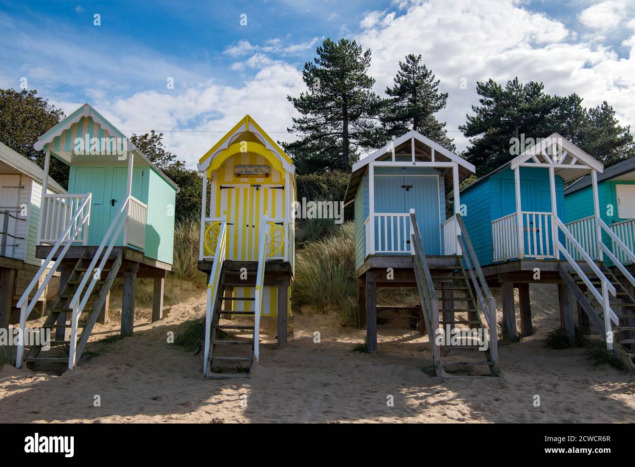 Beach capanne Wells vicino al Mare Nord Norfolk Inghilterra Foto Stock