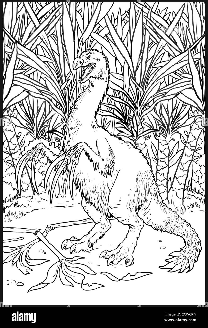 Dinosauro erbivoro - Therizinosauro. Dinosauro gigantesco con grandi artigli. Pagina da colorare per bambini. Foto Stock