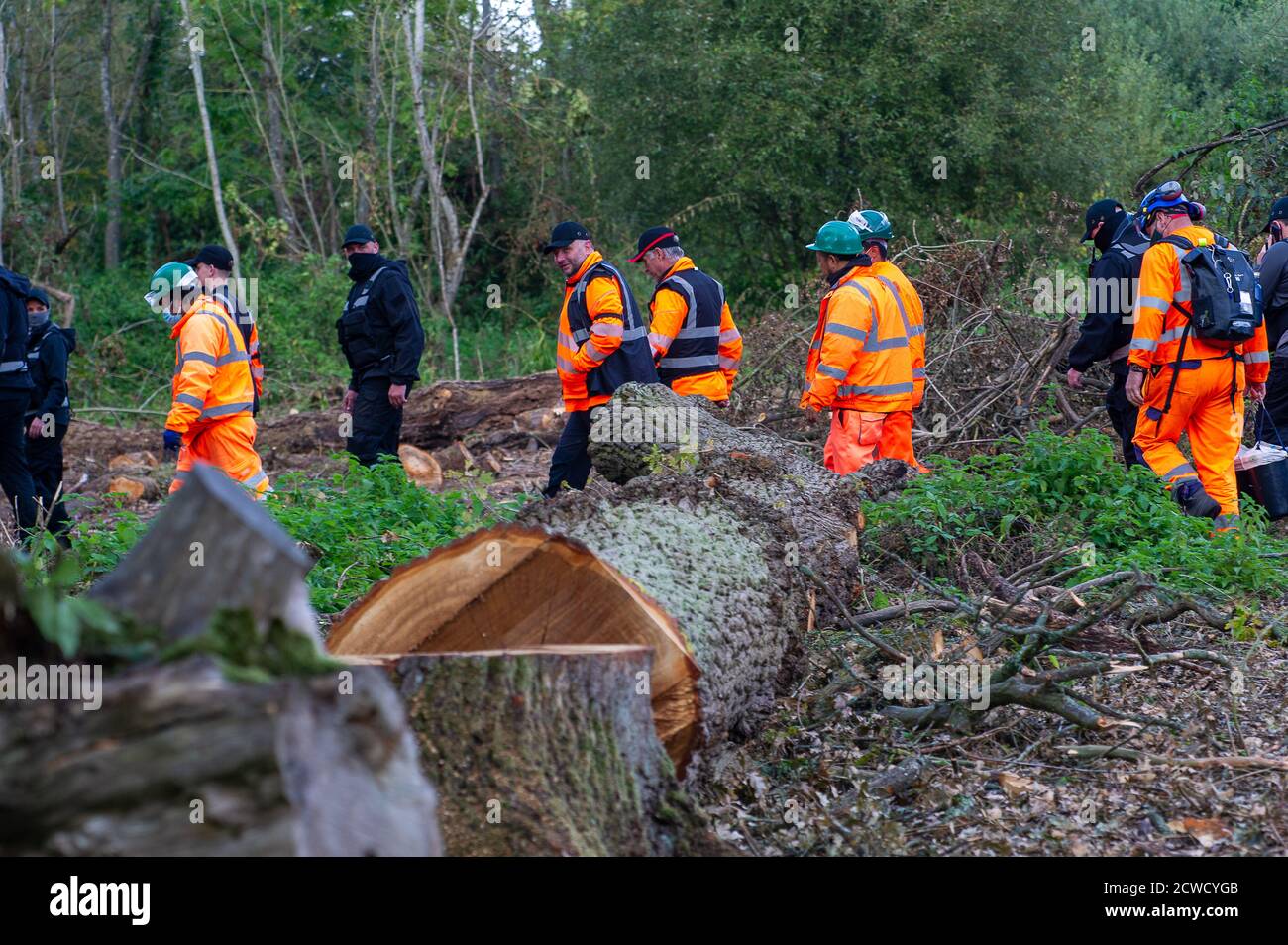 Denham, Regno Unito. 29 Settembre 2020. I tagliatori di alberi sono stati di nuovo abbattimento alberi per HS2 oggi nel Denham Country Park in un'area che i protettori di albero di ribellione HS2 allevano è pubblico e al di fuori dell'area infortunata in cui HS2 sono autorizzati a lavorare. Circa 28 agenti di applicazione della rete e protezioni di sicurezza HS2 hanno tenuto i protettori dell'albero a guardare la distruzione dell'albero in evoluzione. Il collegamento ferroviario ad alta velocità HS2 da Londra a Birmingham mette a rischio 693 siti di fauna selvatica, 108 boschi antichi e 33 siti di interesse scientifico speciale. Credit: Maureen McLean/Alamy Live News Foto Stock