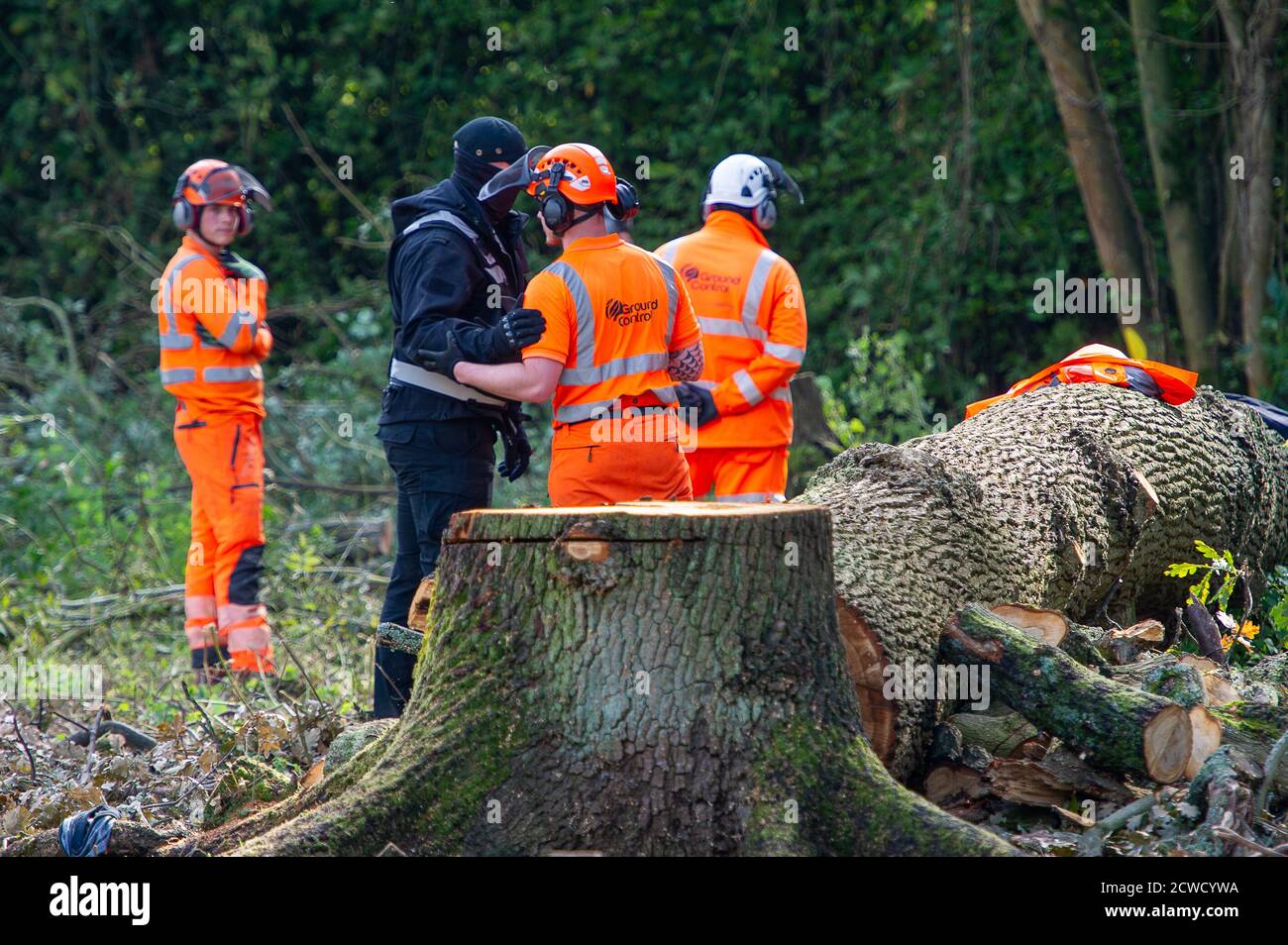 Denham, Regno Unito. 29 Settembre 2020. I tagliatori di alberi sono stati di nuovo abbattimento alberi per HS2 oggi nel Denham Country Park in un'area che i protettori di albero di ribellione HS2 allevano è pubblico e al di fuori dell'area infortunata in cui HS2 sono autorizzati a lavorare. Circa 28 agenti di applicazione della rete e protezioni di sicurezza HS2 hanno tenuto i protettori dell'albero a guardare la distruzione dell'albero in evoluzione. Il collegamento ferroviario ad alta velocità HS2 da Londra a Birmingham mette a rischio 693 siti di fauna selvatica, 108 boschi antichi e 33 siti di interesse scientifico speciale. Credit: Maureen McLean/Alamy Live News Foto Stock