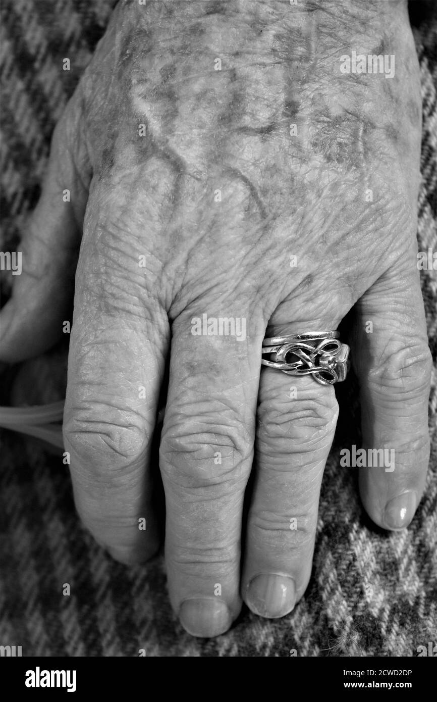 Primo piano di vecchie mani di signora aggrappate mostrando le dita e. anello di nozze e fidanzamento con polpa femminile rugosa e marrone luoghi di età rilassati seduti Foto Stock