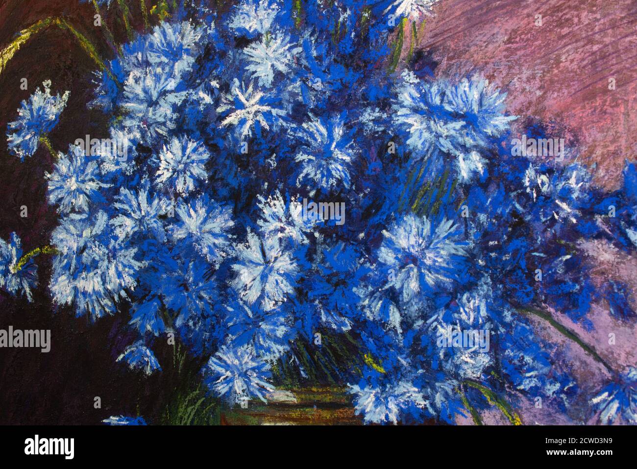 texture. Imbutitura di pastello morbido asciutto su carta. Ancora vita di fiori di mais in un vaso Foto Stock