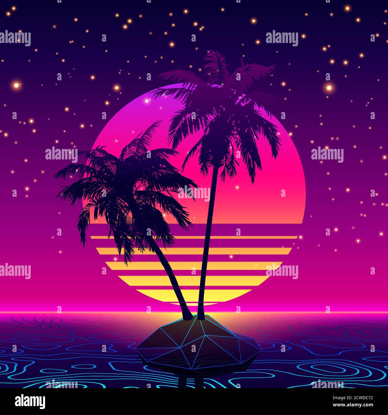 Retrò futuristico sfondo stile anni '80. Digital Palm Tree su una Cyber Island di Lowpoly nel mondo informatico. Retro Wave Music Album Cover Template con sole, Palm, Island e onde laser su Digital Ocean Illustrazione Vettoriale
