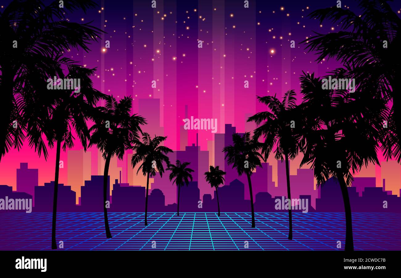 Futuro retrò futuristico degli anni '80. Retrò futuristico sfondo 1980 stile con Palm Tree Silhouette. Road to the City in stile Sunset 1980. Digitale retro paesaggio urbano Moda Sci-Fi Estate Paesaggio. Illustrazione Vettoriale