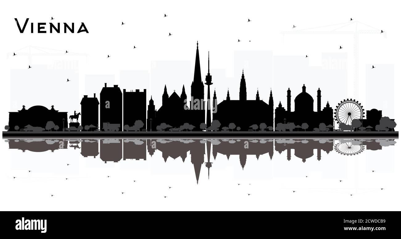 Vienna Austria City Skyline Silhouette con edifici neri e riflessi isolati su bianco. Illustrazione vettoriale. Illustrazione Vettoriale