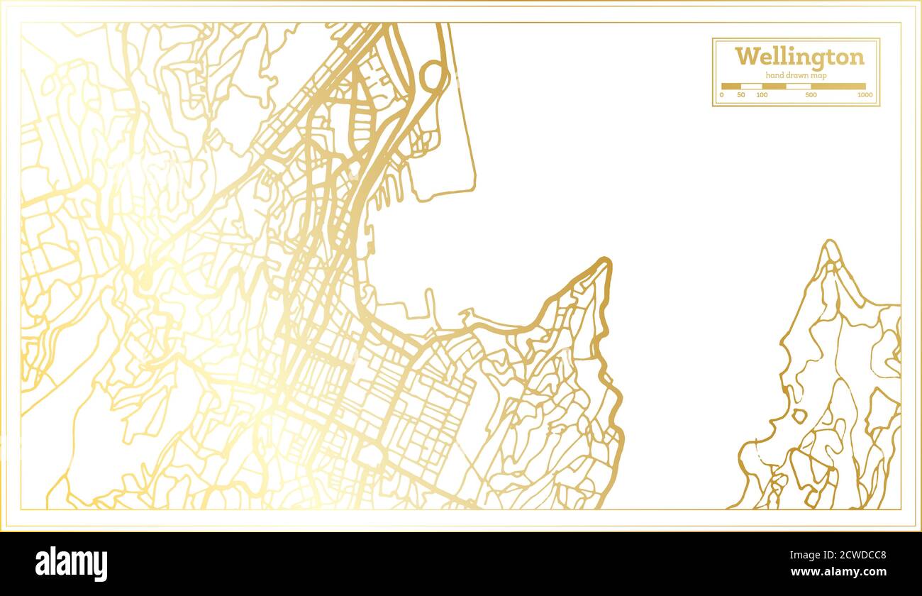 Mappa della città di Wellington in Nuova Zelanda in stile retro in colore dorato. Mappa di contorno. Illustrazione vettoriale. Illustrazione Vettoriale