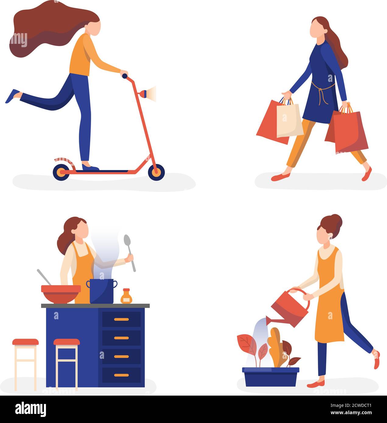 Le donne che si divertano con le attività del tempo libero. Uscire a fare shopping, cucinare la cena, andare in scooter o giardinaggio piante all'aperto. Interessi personali persone piatte Illustrazione Vettoriale