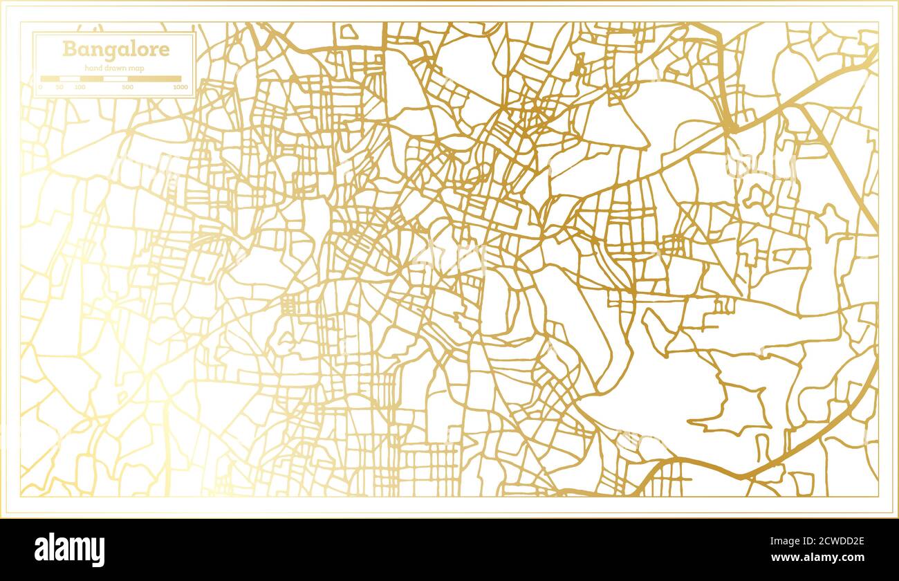Mappa della città di Bangalore India in stile retro in colore dorato. Mappa di contorno. Illustrazione vettoriale. Illustrazione Vettoriale