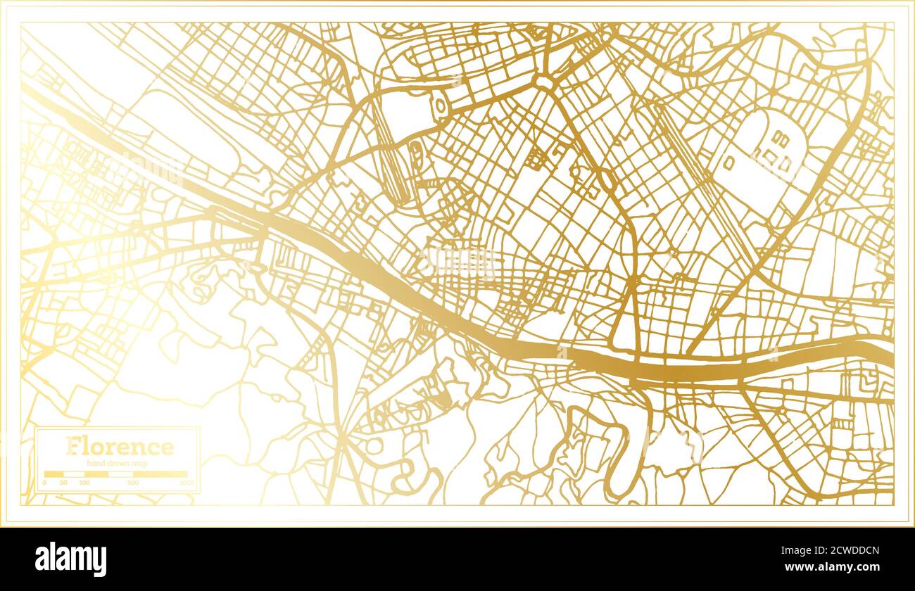 Mappa della città di Firenze in stile retro in colore dorato. Mappa di contorno. Illustrazione vettoriale. Illustrazione Vettoriale