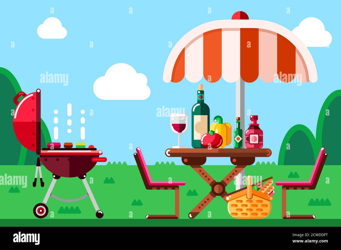 Estate barbecue pic-nic, vettore piatto illustrazione. Barbecue, ombrellone, tavolo con cibo e vino sul prato. Illustrazione Vettoriale