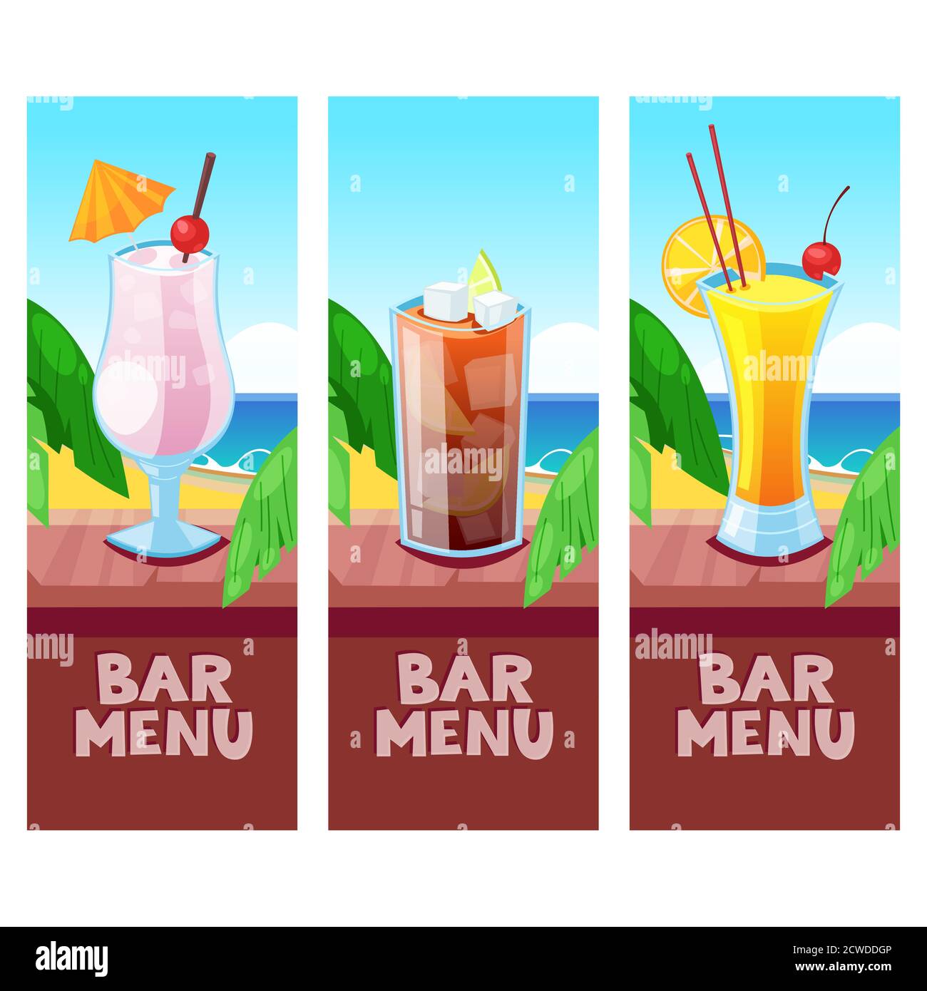 Modello di disegno vettoriale del menu della barra della spiaggia con la posizione per il testo. Pina colada, l'alba della tequila, Cuba libre cocktail sul banco bar in legno. Estate tropicale b Illustrazione Vettoriale