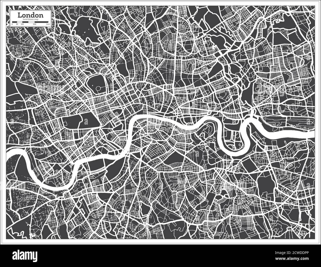 Mappa della città di Londra UK in bianco e nero in stile retro. Mappa di contorno. Illustrazione vettoriale. Illustrazione Vettoriale