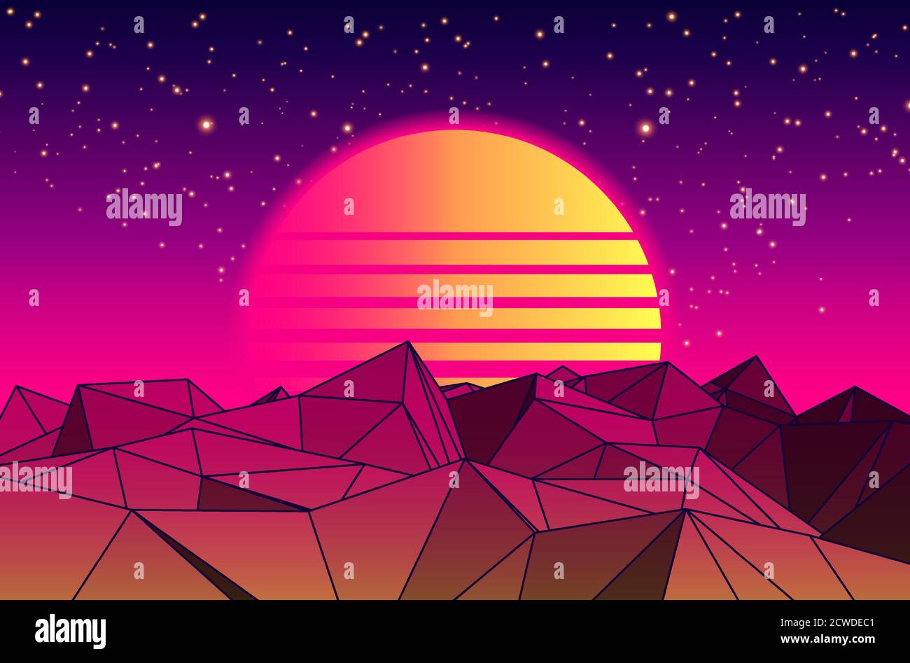 Immagine futuristica vettoriale del pianeta con montagne e paesaggio urbano in stile retrò. Retro. Il panorama digitale in un mondo Cyber. Retro 80s Fashion Sci-Fi sfondo urbano. Utilizzare come copertina dell'album musicale Illustrazione Vettoriale