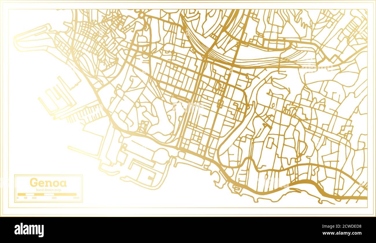 Mappa della città di Genova in stile retro in colore dorato. Mappa di contorno. Illustrazione vettoriale. Illustrazione Vettoriale