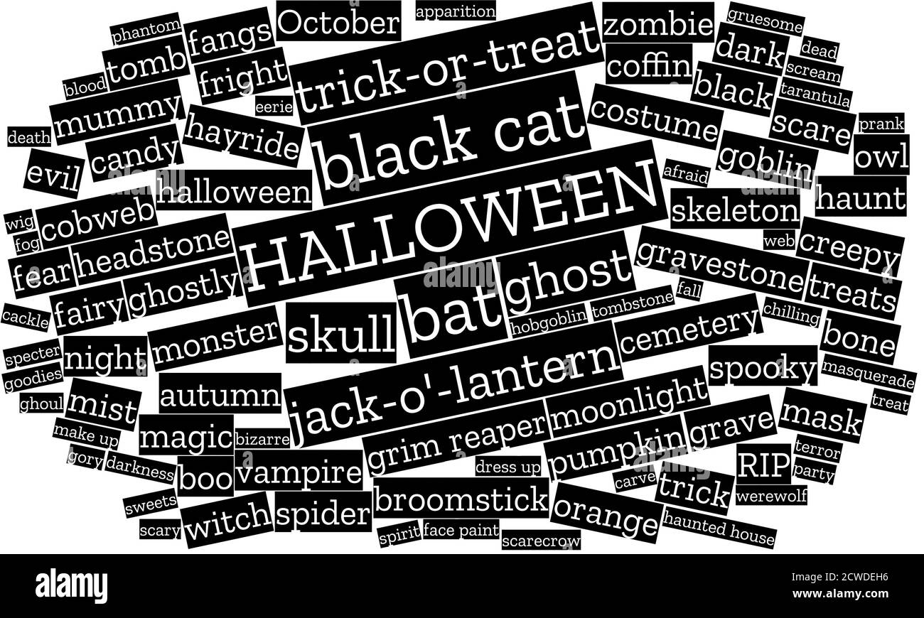 Nube di parola di poesia magnetica su Halloween, concetto per ottobre, trucco o trattare, vacanza, nota di riscatto Foto Stock