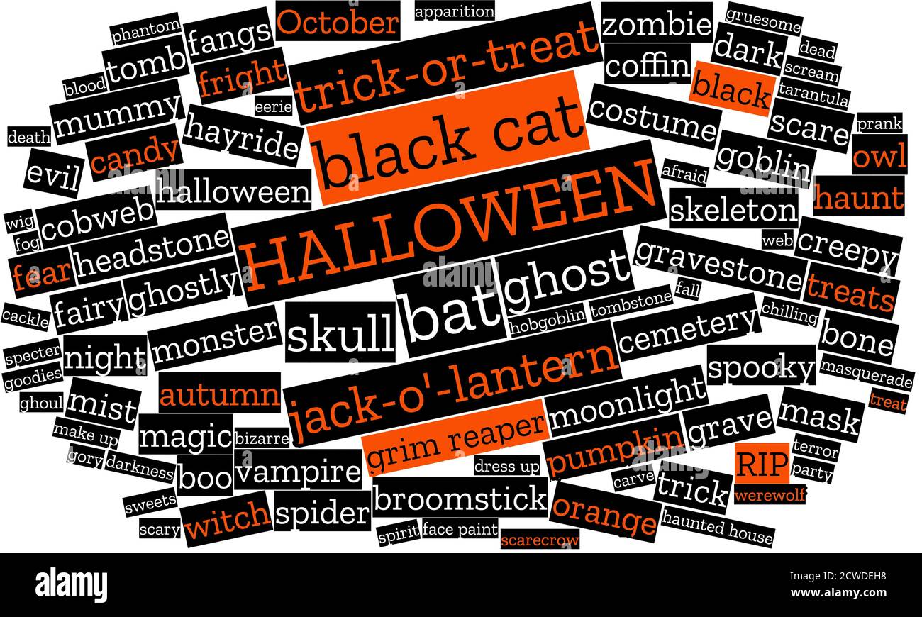 Poesia magnetica di Halloween arancione e nero, effetto di nota di riscatto, su sfondo bianco Foto Stock