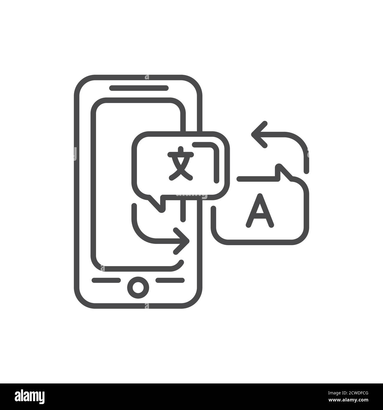 Applicazione per il traduttore di lingue per dispositivi mobili sullo smartphone icona della linea nera. Pittogramma per pagina web, app mobile, promo. Elemento di progettazione GUI UI UX. Modificabile Illustrazione Vettoriale