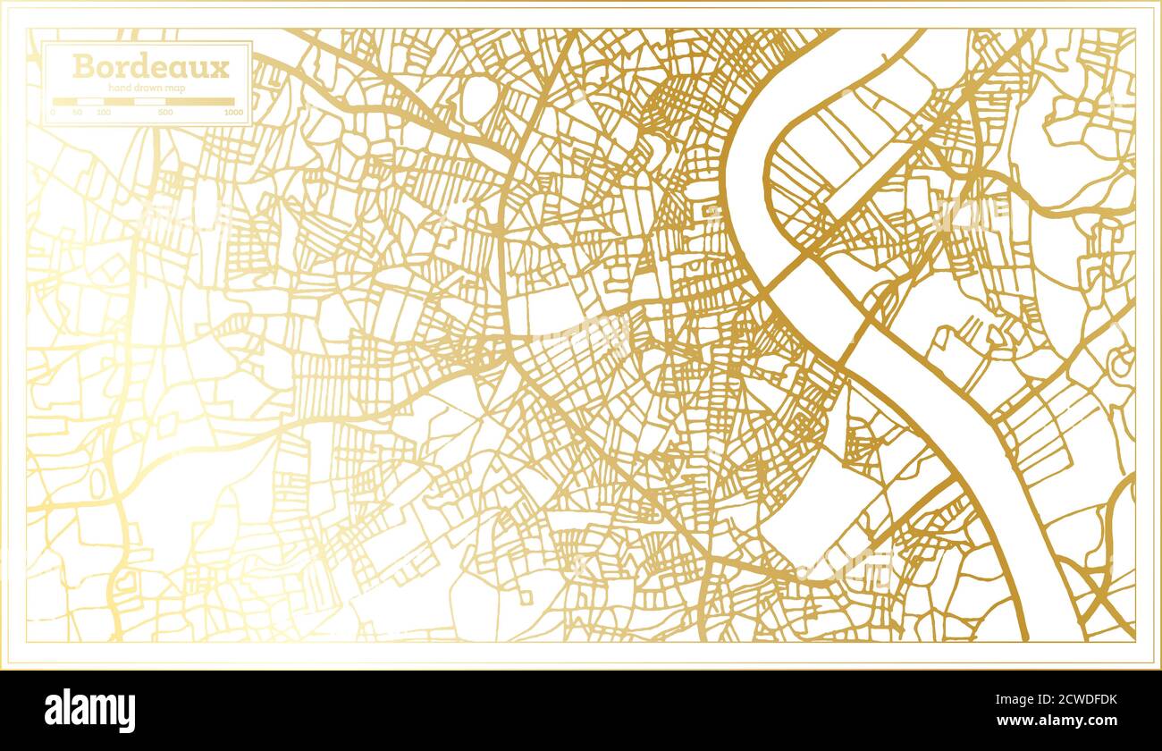 Bordeaux France Mappa della città in stile retro in colore dorato. Mappa di contorno. Illustrazione vettoriale. Illustrazione Vettoriale