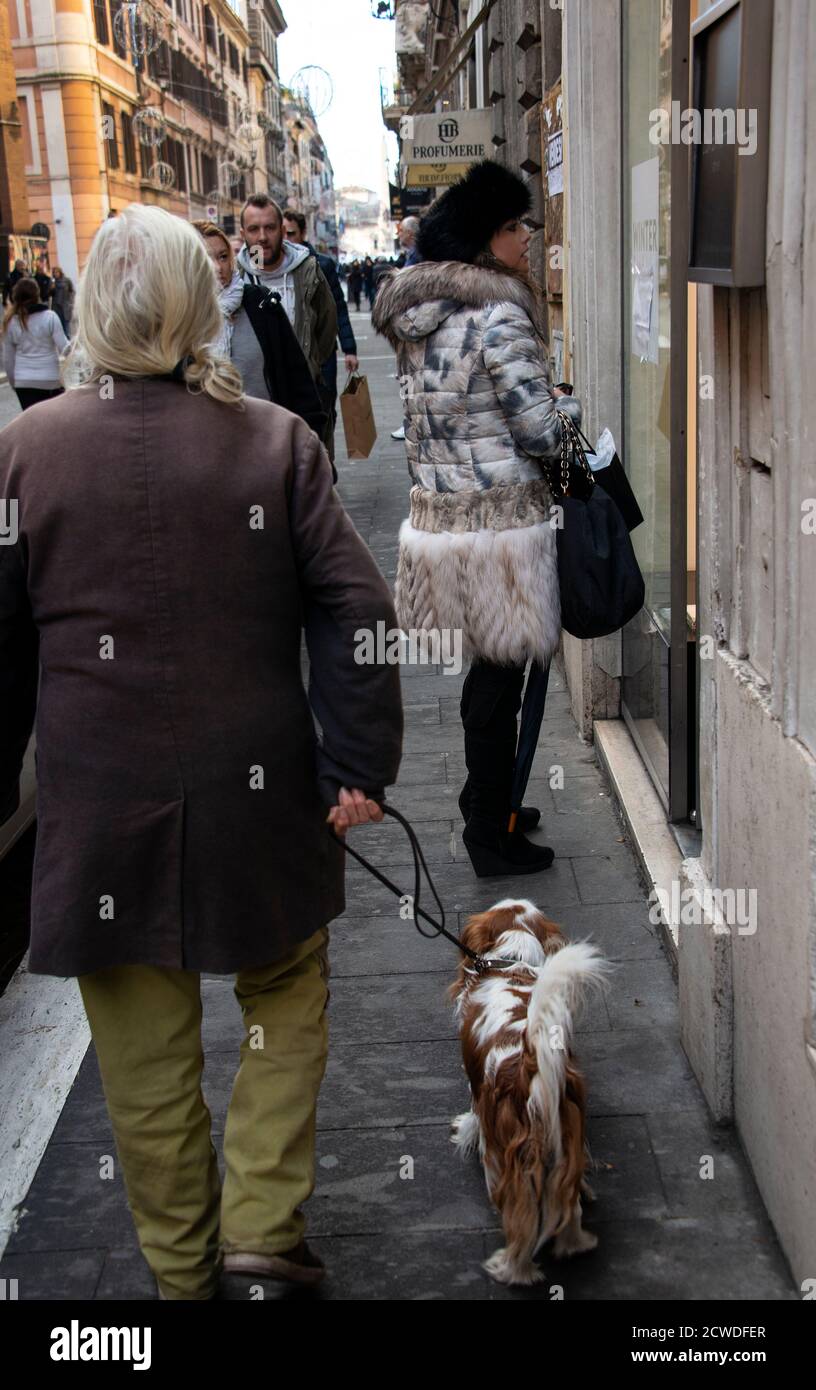 Uomo che cammina il suo cane a Roma, Italia e donna con pelliccia cappotto Foto Stock