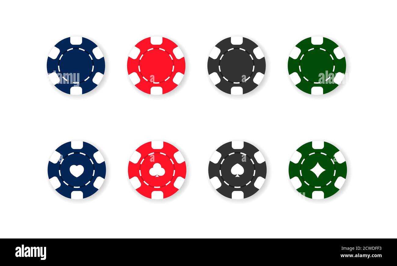 Set di icone Casino Chips. Poker. Chip blu, rosso, nero e verde. Vettore su sfondo bianco isolato. EPS 10 Illustrazione Vettoriale