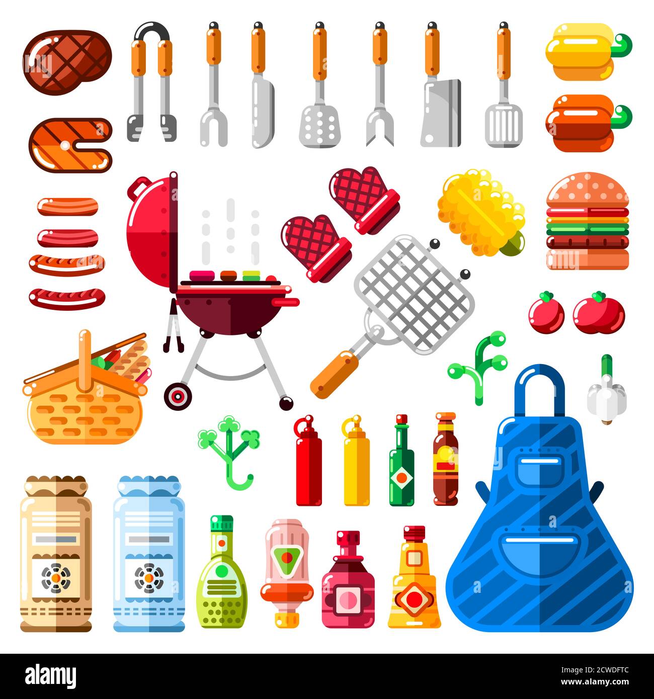 Set di icone per barbecue e grigliate e elementi di design isolati. Vettoriale barbecue cibo, attrezzature e strumenti illustrazione. Illustrazione Vettoriale