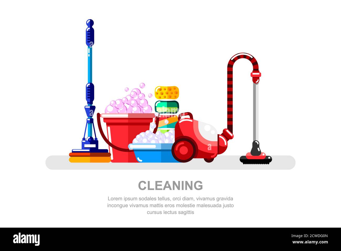Concetto di servizio di pulizia e pulizia. Aspirapolvere, secchio e mop, illustrazione con isolamento vettoriale. Utensili e forniture per la casa. Illustrazione Vettoriale