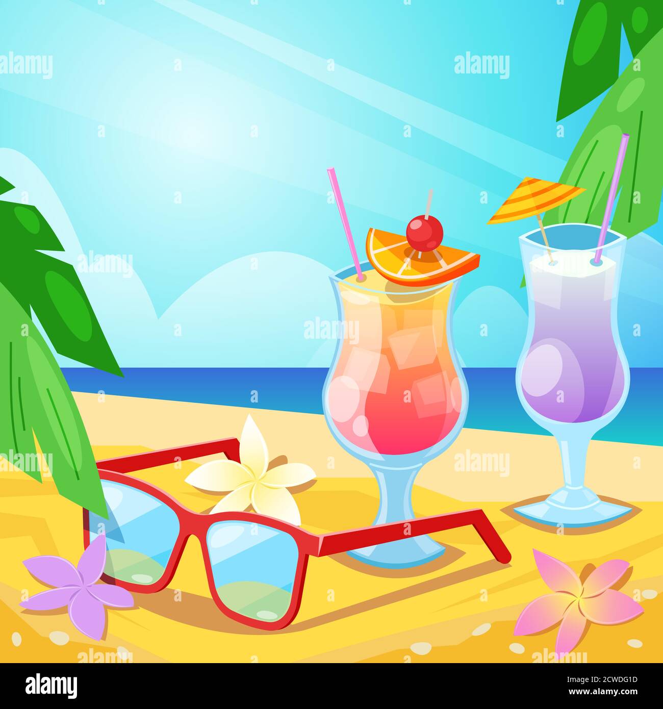 Spiaggia tropicale estiva, bevande alcoliche e occhiali da sole rossi sulla sabbia. Illustrazione della barra vettoriale. Tè freddo e cocktail cosmopolita. Illustrazione Vettoriale