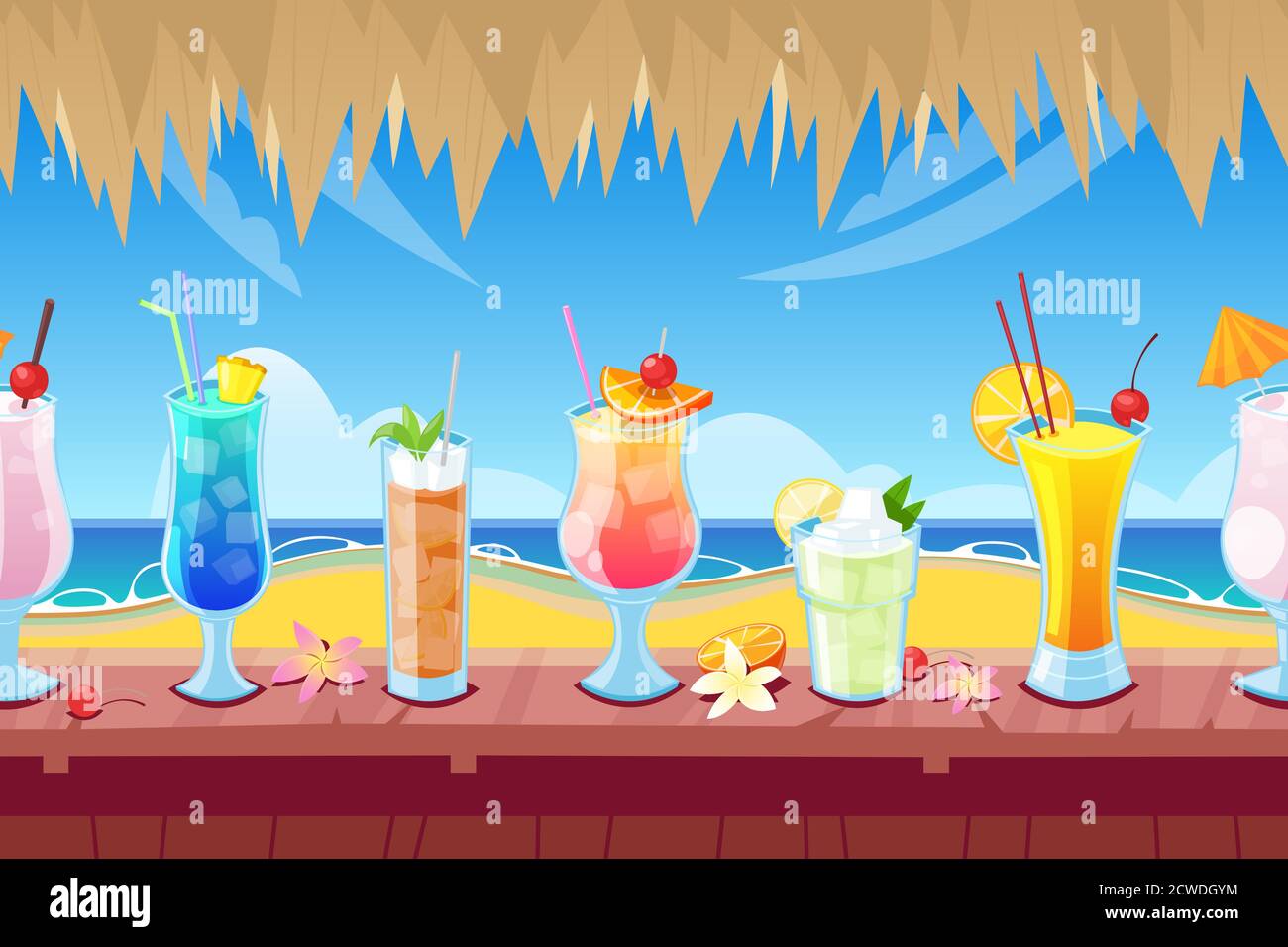 Sfondo orizzontale senza cuciture con bancone bar in legno e cocktail alcolici e bevande alla scrivania. Illustrazione vettoriale delle vacanze estive. Illustrazione Vettoriale