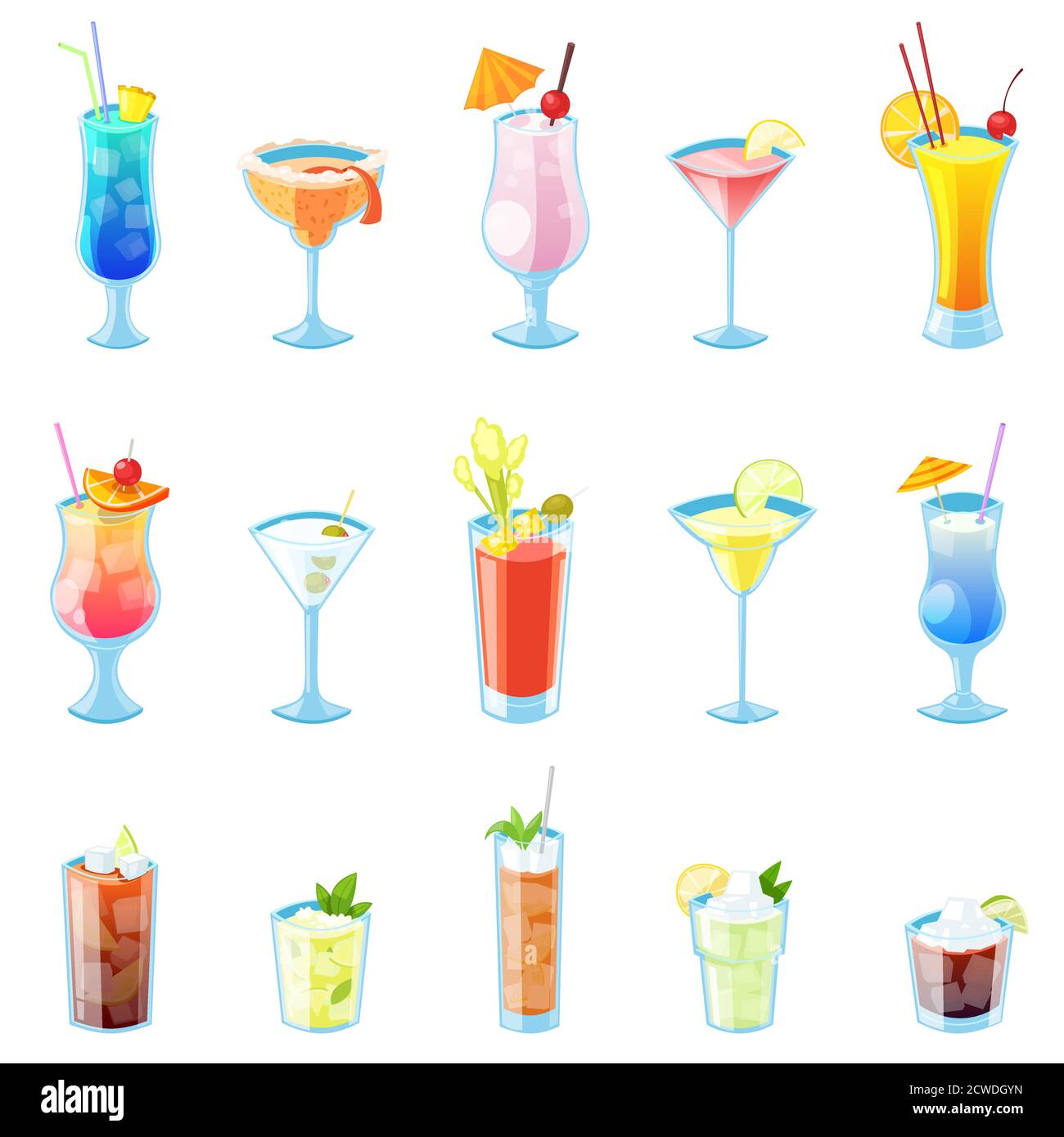 Illustrazione vettoriale dei cocktail tropicali. Set di icone di bevande e bevande isolate. Illustrazione Vettoriale