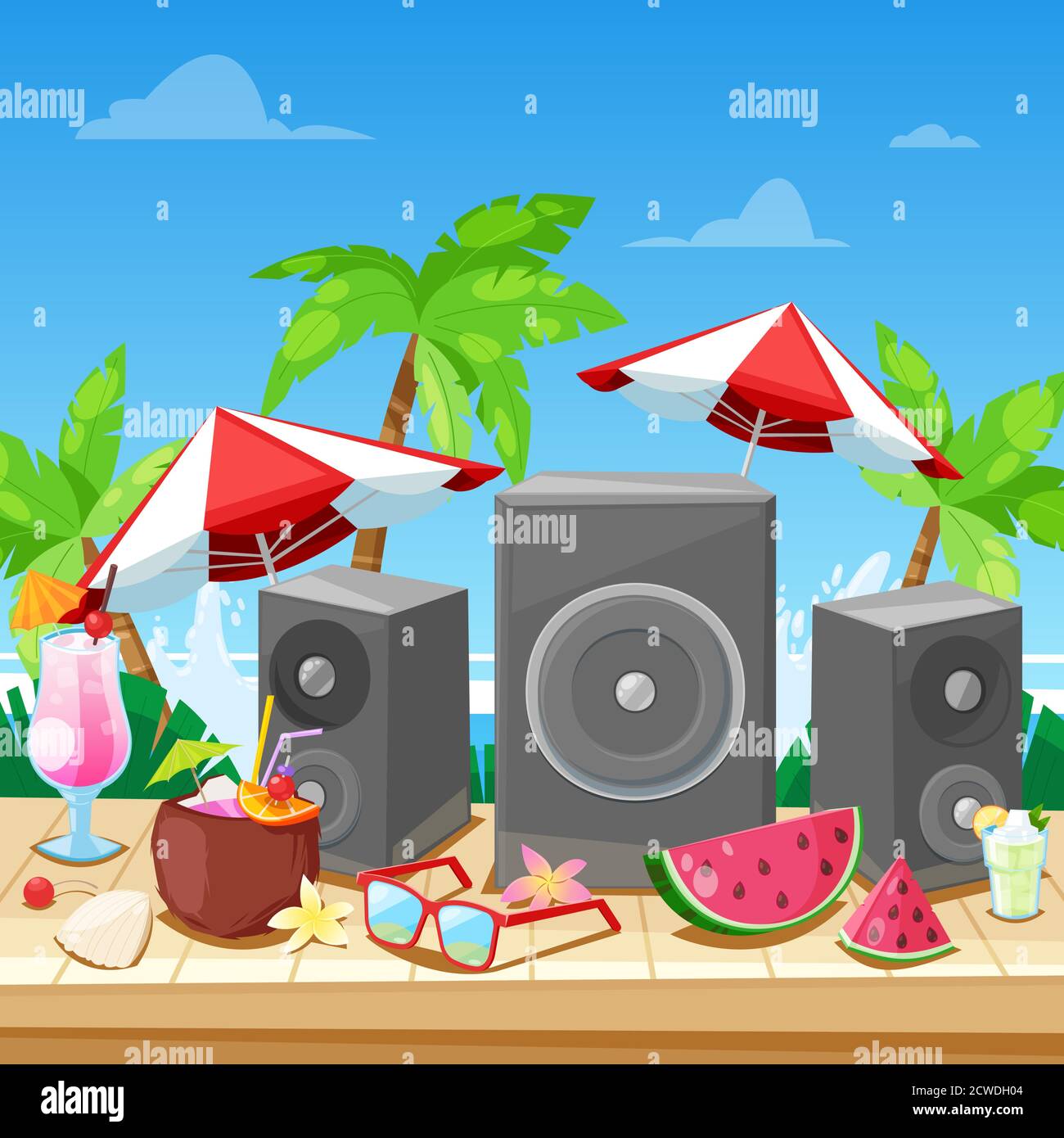 Concetto di festa estiva in spiaggia. Elementi di progettazione di banner vettoriali, poster e volantini. Altoparlanti per musica, cocktail al banco bar sulla spiaggia. Illustrazione Vettoriale