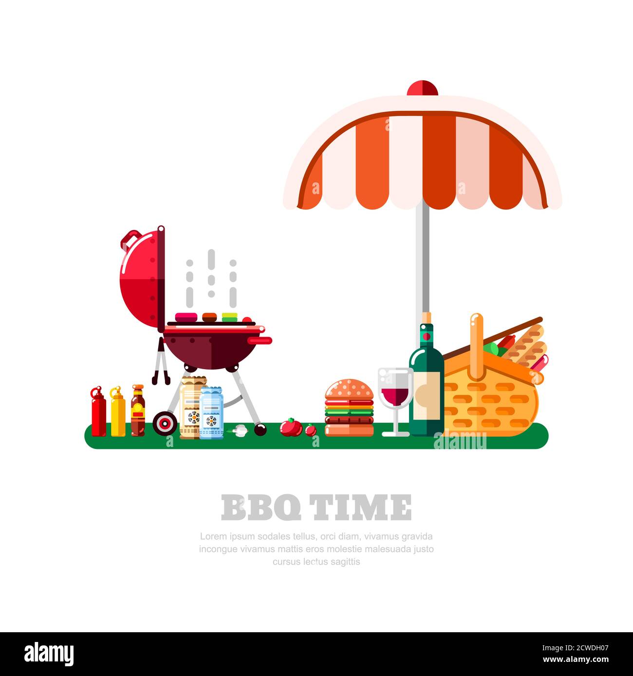 Estate barbecue pic-nic, vettore piatta illustrazione isolata. Barbecue, ombrellone, tavolo con cibo e vino su prato verde. Illustrazione Vettoriale