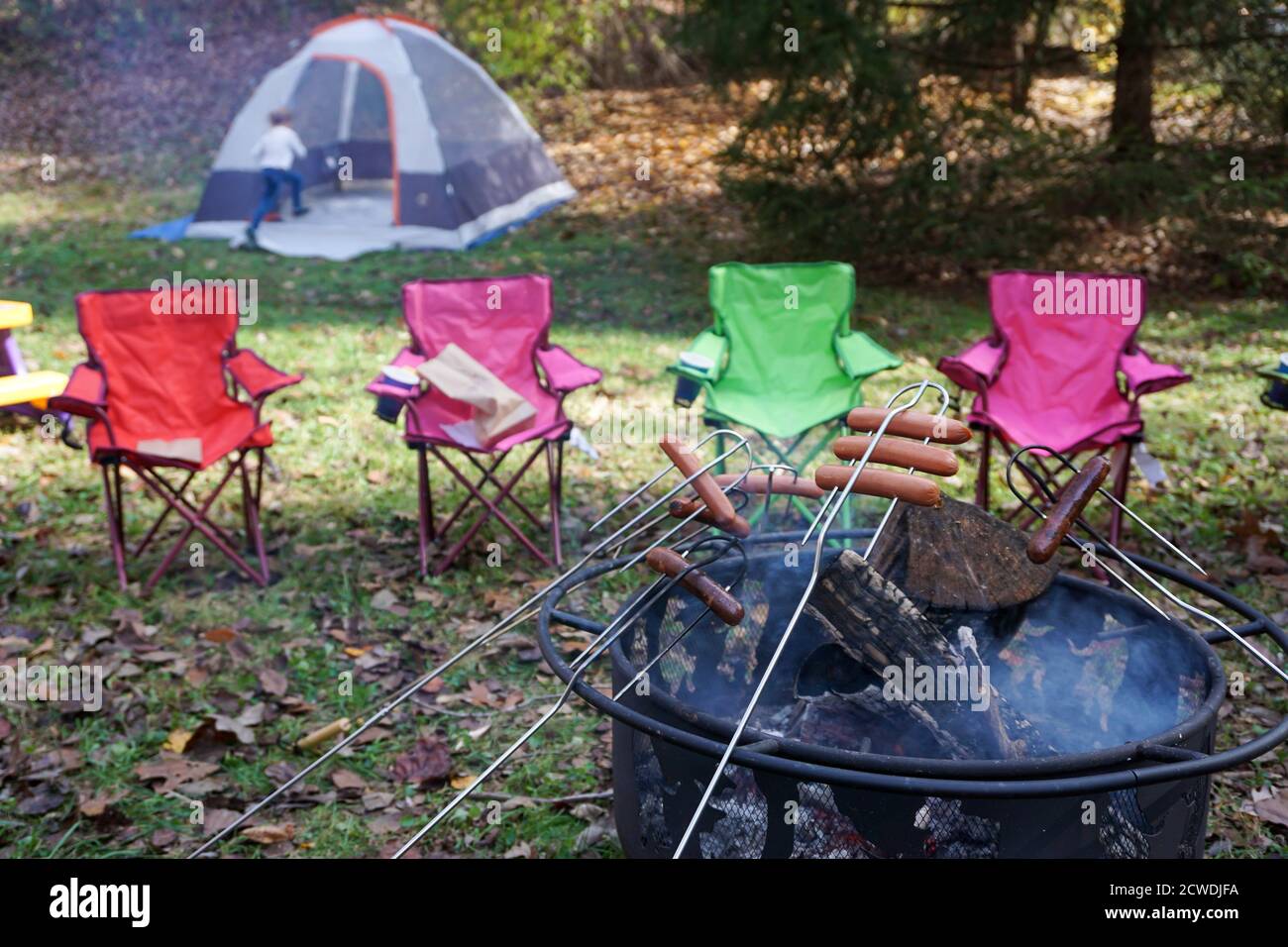 Cortile campeggio di cottura hot dog su una fossa di fuoco Foto Stock