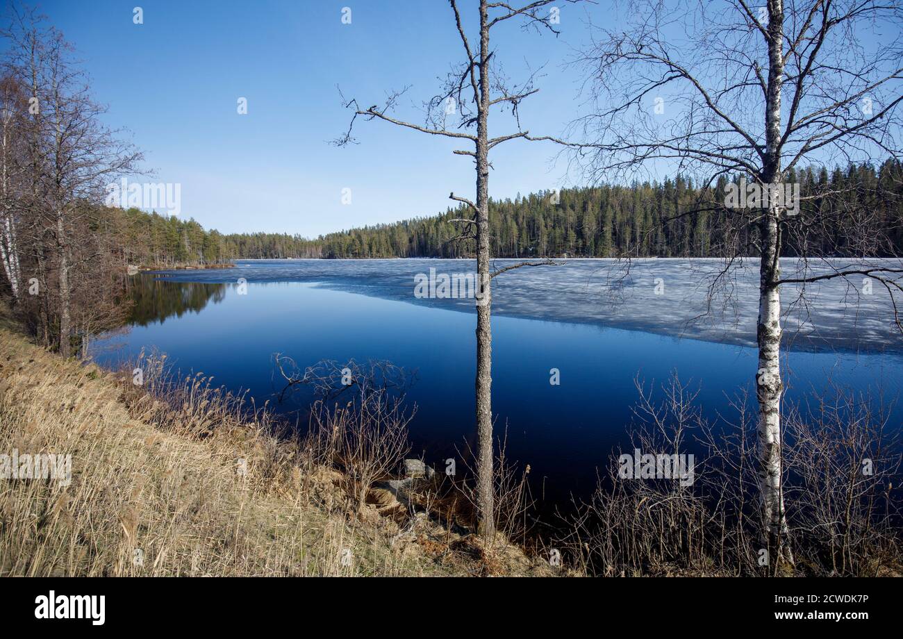 Scioglimento del ghiaccio sul lago a Spring Thaw , Finlandia Foto Stock