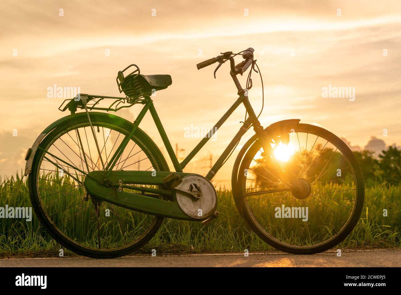 Vecchia bici d'epoca arrugginita nei campi di riso vicino al tramonto Foto Stock