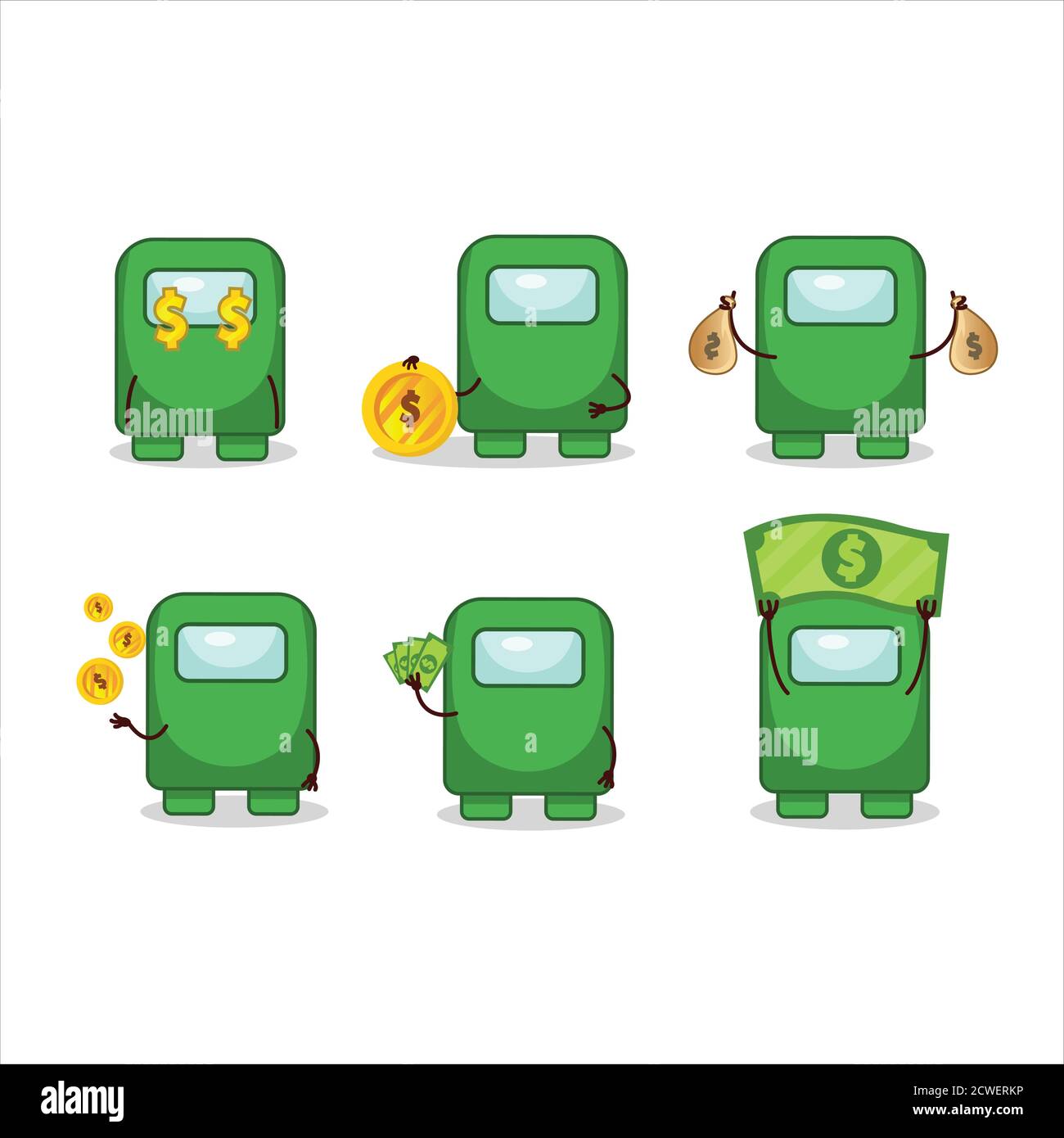 Tra noi personaggio cartoon verde con simpatico emoticon portare denaro Illustrazione Vettoriale