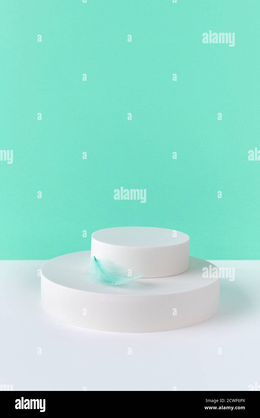 Simulato sfondo con podio per esposizione di prodotto e piuma Foto Stock