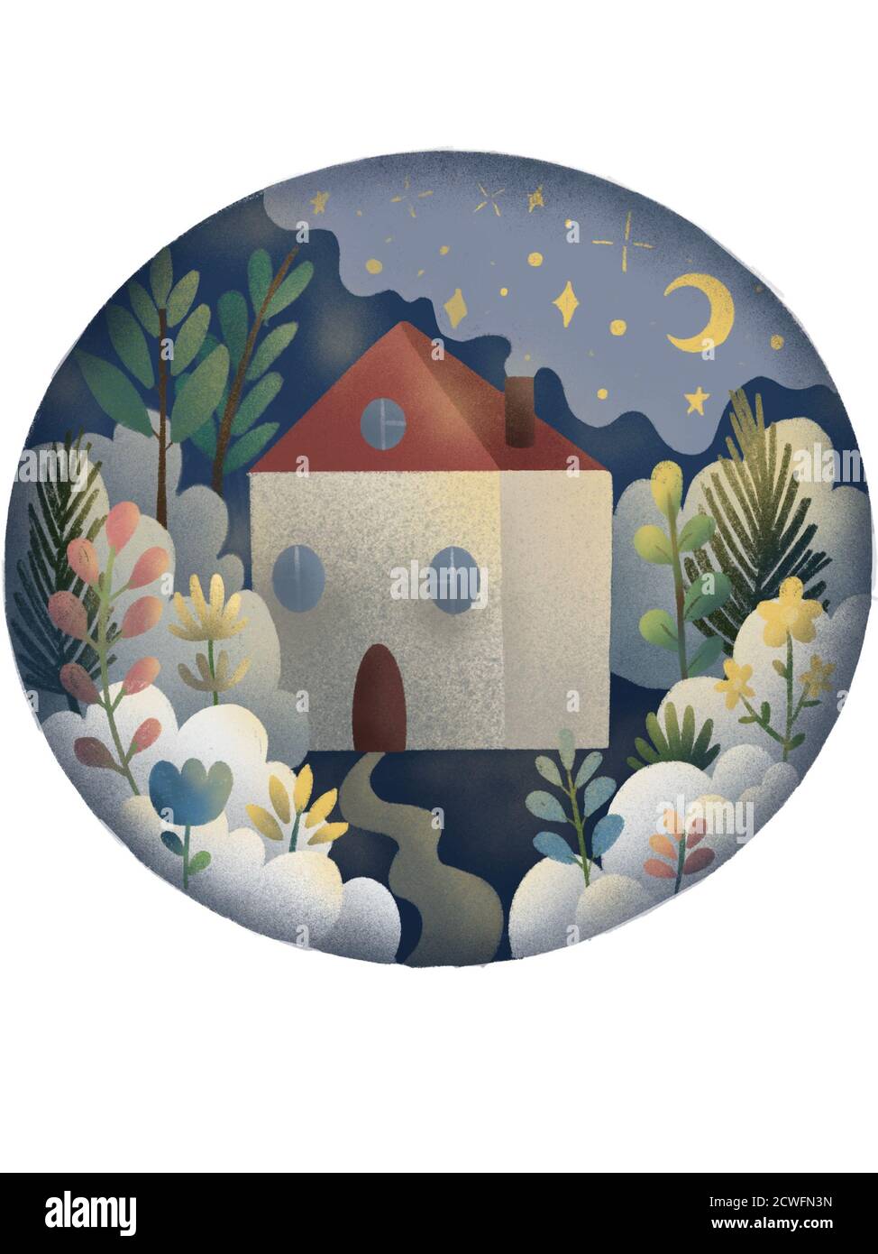 piccola casa nella foresta magica. concetto bambini libro illustrazione. rami colorati intorno casa nella notte. imballaggio design, concetto di immaginazione. notte favole per i bambini. Foto Stock