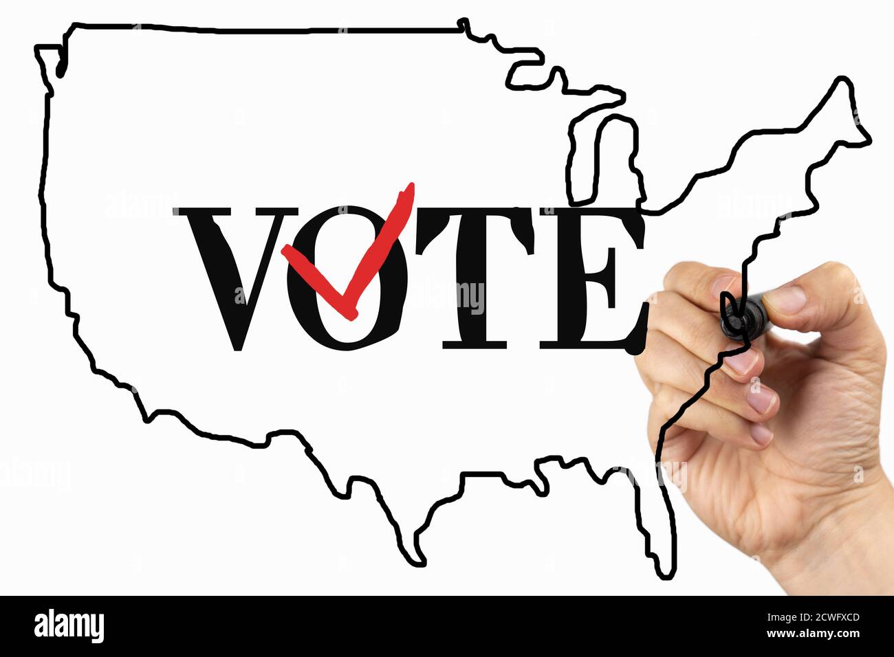 Vota con la casella di controllo. Doodle disegnando su una lavagna bianca, scritta con un marcatore nero e rosso in una mano. Tracciare il testo dello schizzo su una scheda Foto Stock