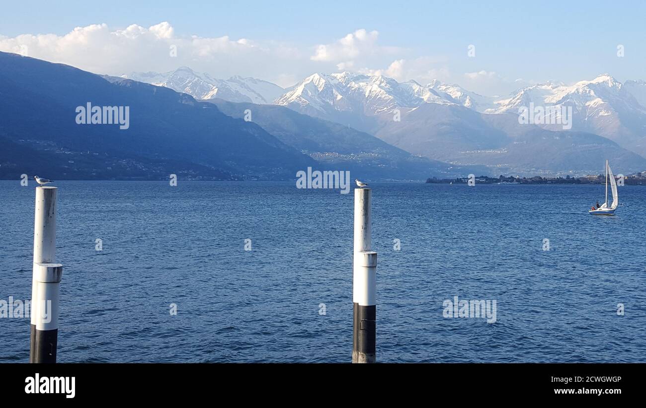 Vista panoramica invernale sui monti del Lago di Como e una barca vela in acqua dalla banchina di Bellano e due gabbiani su due pali in primo piano Foto Stock