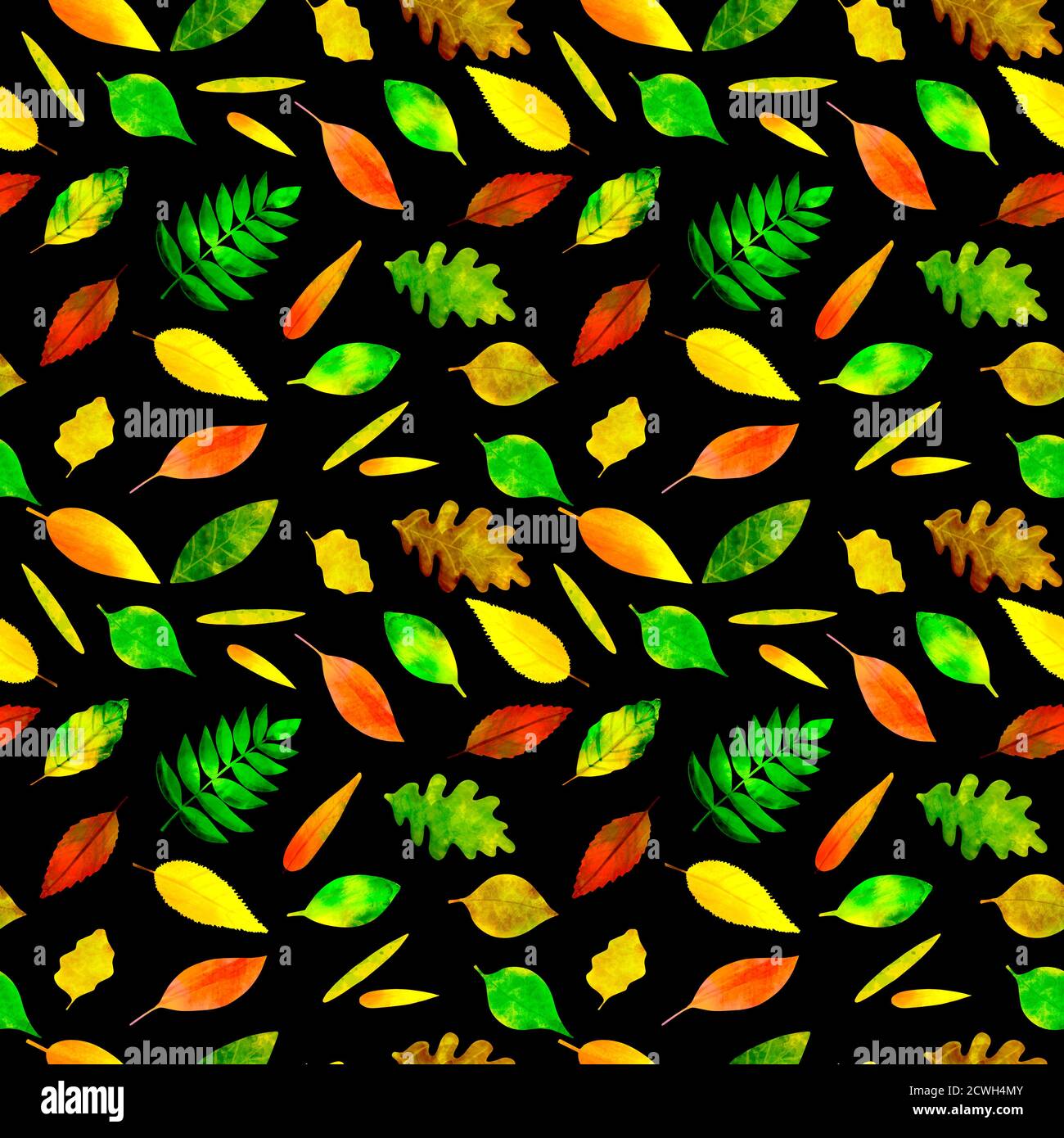 Motivo senza cuciture acquerello foglie d'autunno colorate su un nero Foto Stock