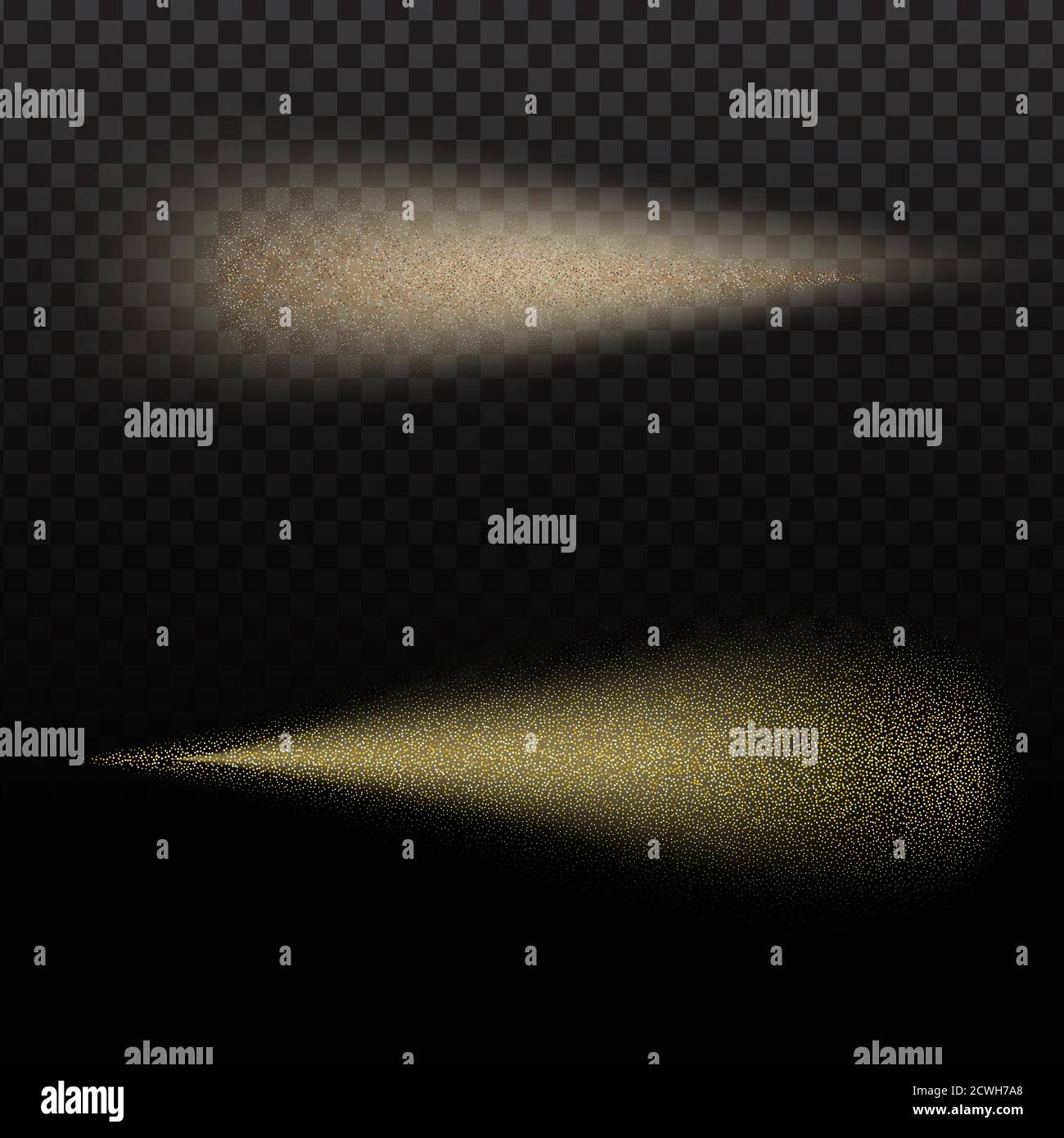 Golden wave whith sentiero di cometa e luccicanti stelle d'oro, effetto bokeh. Onda luminescente con bokeh luminoso e scintille su sfondo trasparente per un design magico Illustrazione Vettoriale