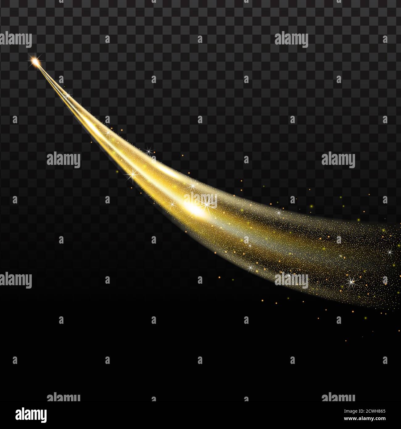 Golden wave whith sentiero di cometa e luccicanti stelle d'oro, effetto bokeh. Onda luminescente con bokeh luminoso e scintille su sfondo trasparente per un design magico Illustrazione Vettoriale