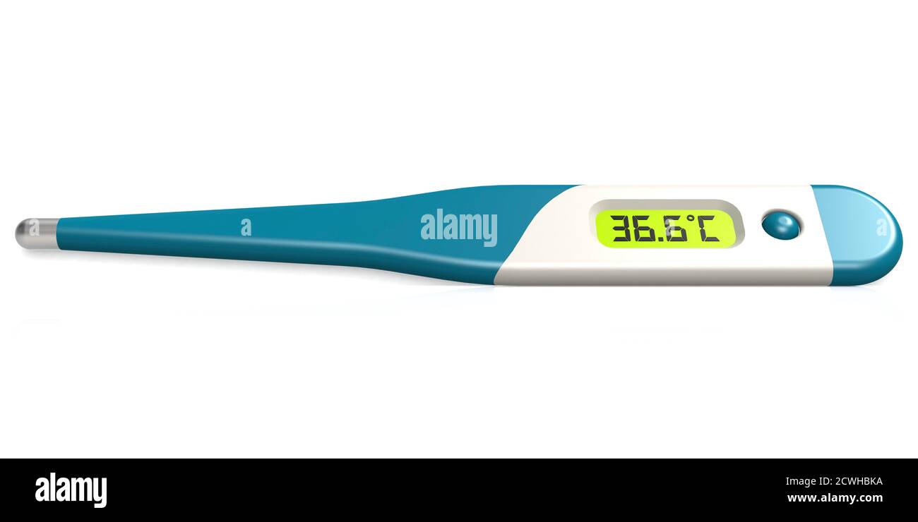Termometro medico digitale blu isolato, rendering 3D Foto Stock